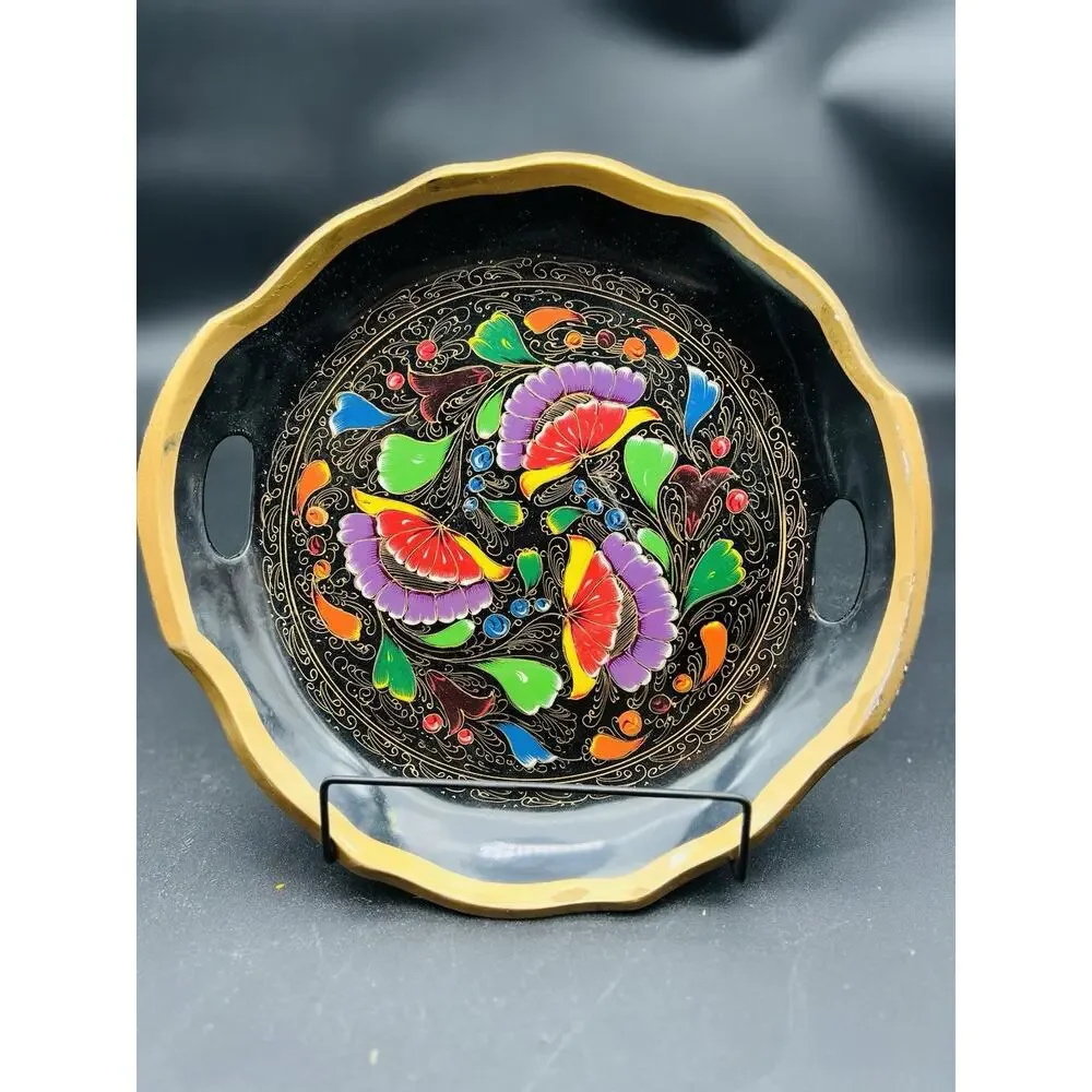 Mexican Batea Wooden Multi-Colored Floral Decorative Tray 11”